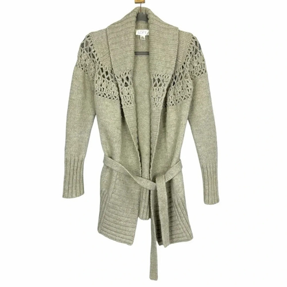 LOFT Merino Wool Blend Long Belted Cardigan XS Crochet Knit Shawl Collar - Picture 1 of 6